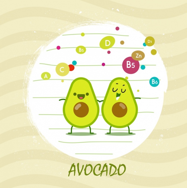 frutas abacate publicidade ícones vitamina estilizado decoração desenho animado