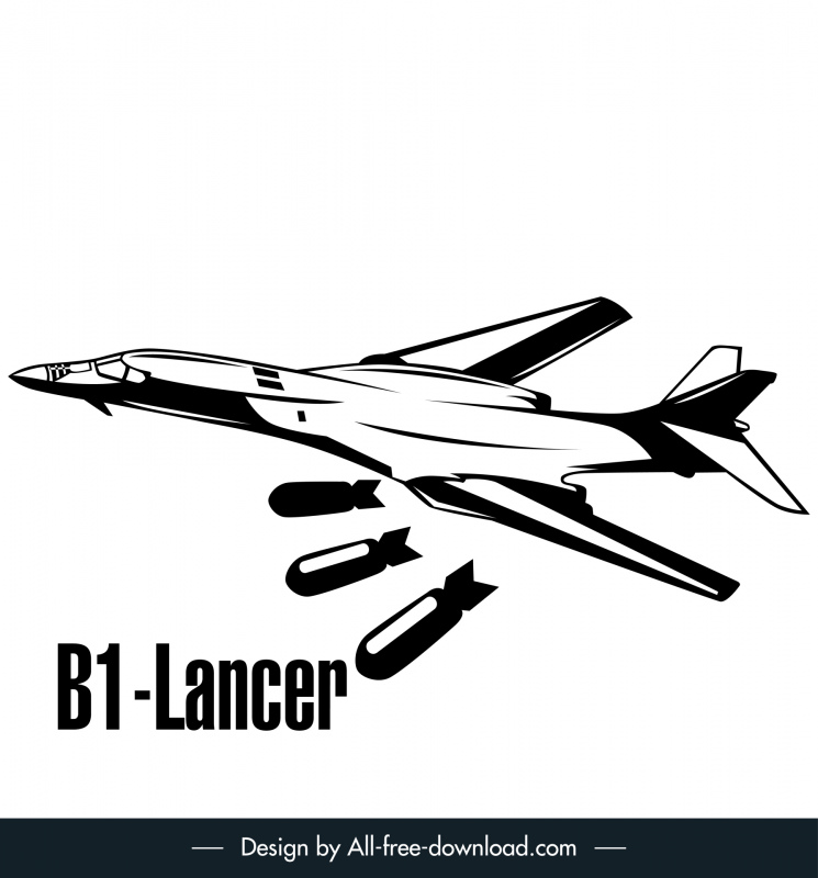 B 1 로크웰 랜서 폭격기 항공기 아이콘 다이나믹 실루엣 블랙 화이트 스케치