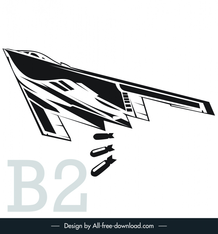 B2 폭격기 항공기 아이콘 실루엣 블랙 화이트 스케치