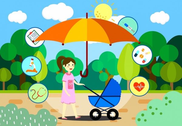 les éléments de conception de soins pour bébés mère chariot parapluie icônes
