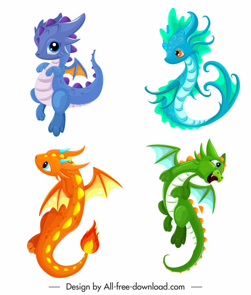 Baby Dragon Icons Cute Colorful Cartoon Characters Design-vector Icon-free  Vector Free Download