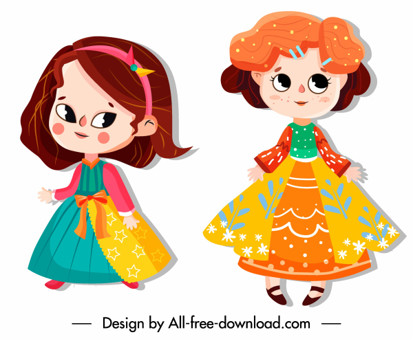 les icônes de bébé de fille colorées des costumes mignons de dessin animé des caractères