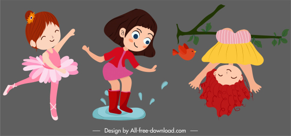 bebê menina ícones alegres gestos bonito cartoon personagens