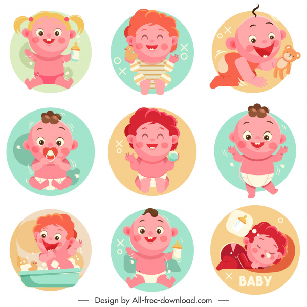 iconos de bebé lindos personajes de dibujos animados círculos aislamiento