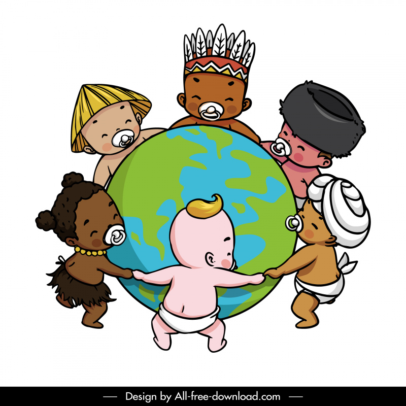 Baby über die Welt Designelemente Säuglinge halten Erde Skizze niedliches Cartoon-Design