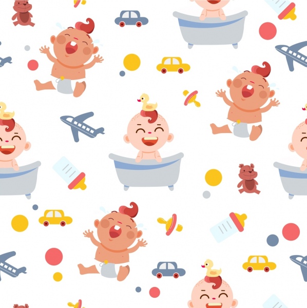 bayi shower latar belakang ikon lucu berwarna desain berulang