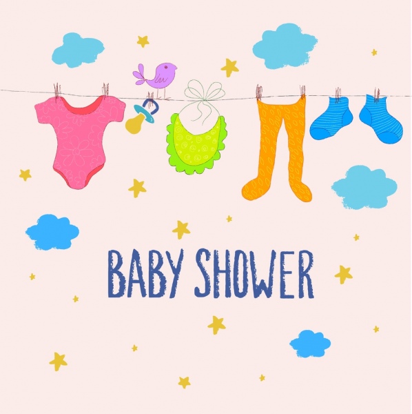 Baby-Dusche-Hintergrund hängende Kleidung bunte Comic-Zeichnung