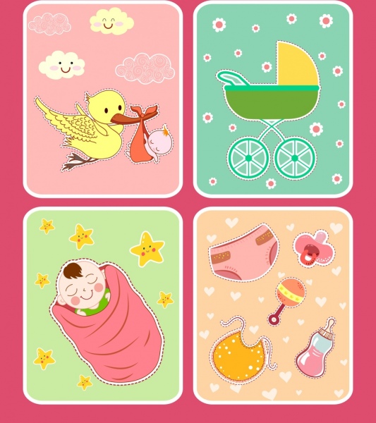 Baby-Dusche-Hintergrund setzt farbenfrohe niedliche Designelemente
