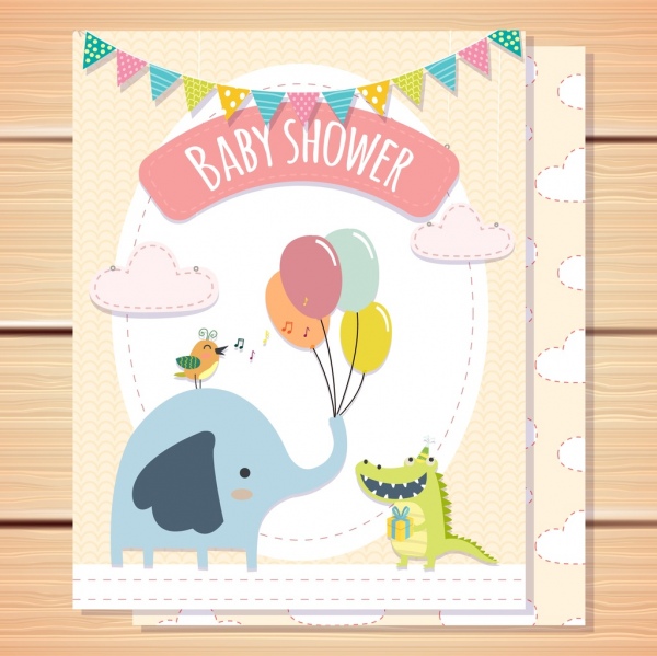 Plantilla de la tarjeta de la ducha del bebe elefante cocodrilo Iconos Bird