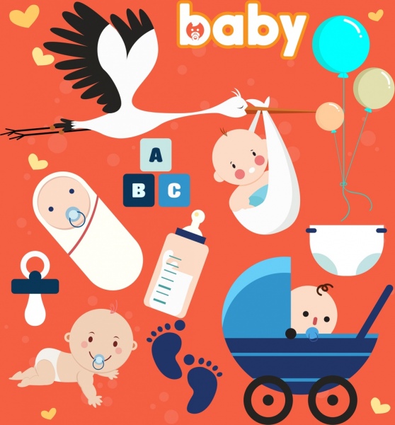 iconos clásicos de elementos de diseño de ducha de bebé