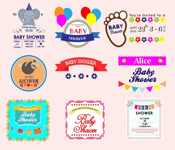 Baby Dusche Etiketten Sammlung Vektor mit verschiedenen Stilen
