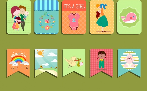 Bayi mandi Tag koleksi simbol-simbol lucu yang berwarna-warni dekorasi