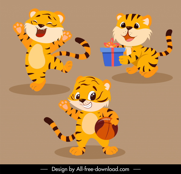ícones tigres bebês bonitos personagens de desenho animado estilizado design