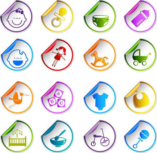 ícones de adesivo bebê brinquedo cuidados