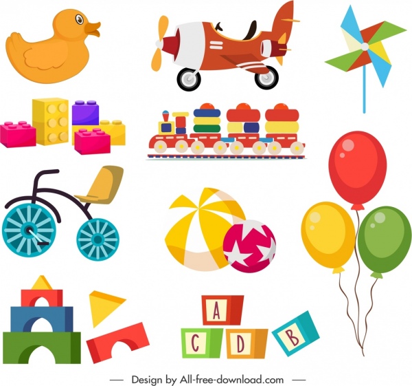 ícones de brinquedos do bebê colorido design plano 3d