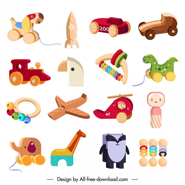 ícones de brinquedos de bebê coloridos moderno 3d esboço