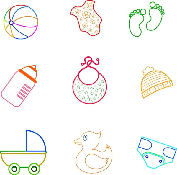 esquema de color plano del colección utensilios de bebé