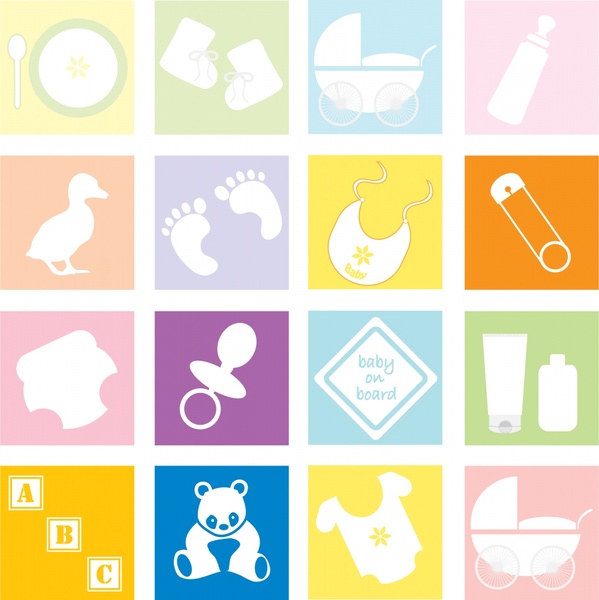 ilustração de ícones de utensílios de bebé com silhueta em praças