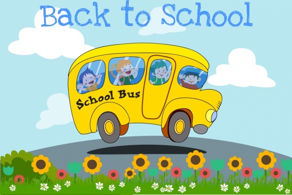 voltar para a escola crianças de ônibus bandeira colorida dos desenhos animados