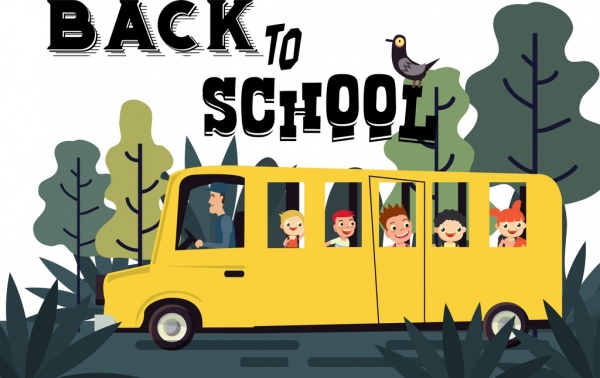 العودة إلى المدرسة شعار حافلة التلاميذ الرموز