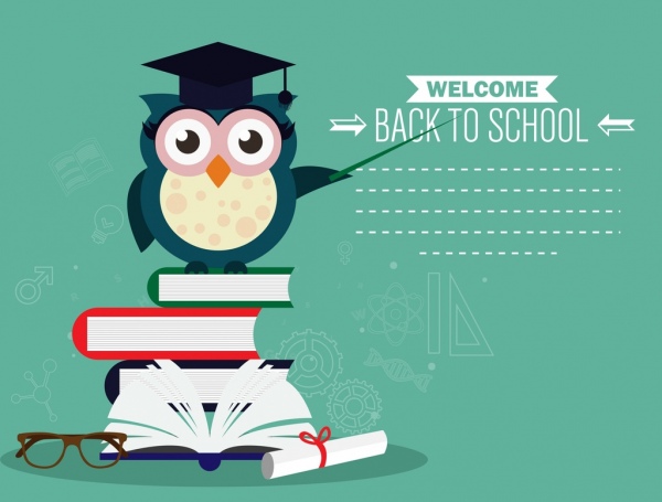 kembali ke sekolah banner owl buku tumpukan ikon