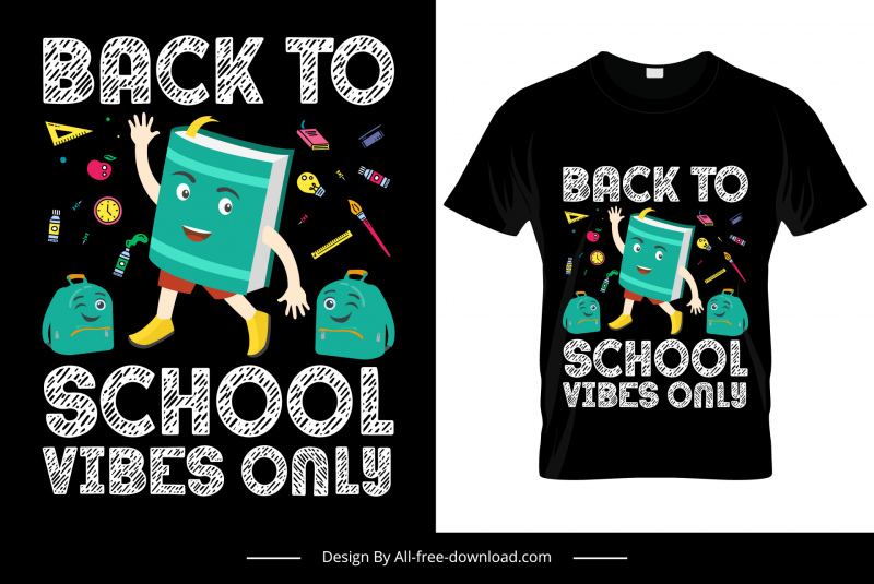 학교 분위기로 돌아가기 만 티셔츠 템플릿 동적 양식화 만화 교육 개체 스케치