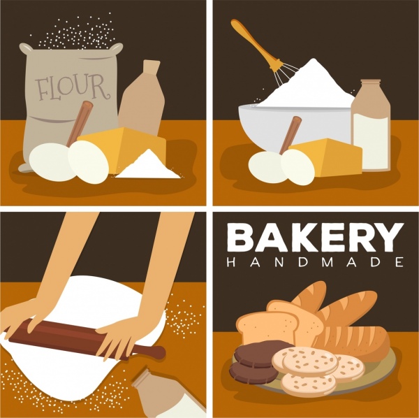 Bäckerei Designelemente Mehl Geschirr Brot Symbole