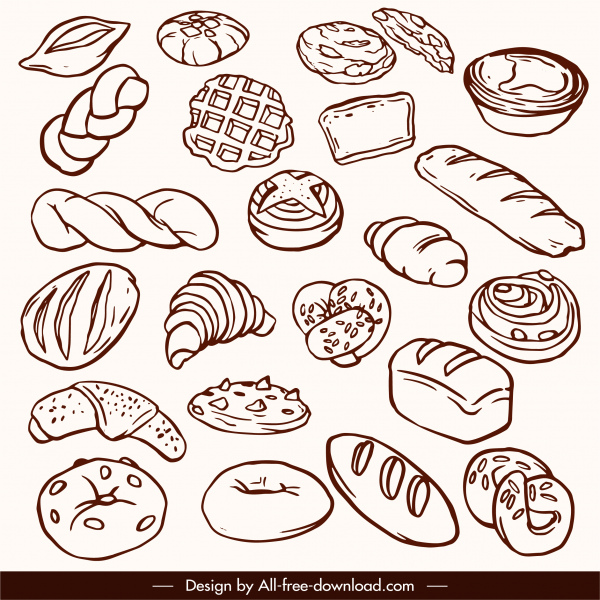 elemen desain roti digambar tangan sketsa roti kue klasik