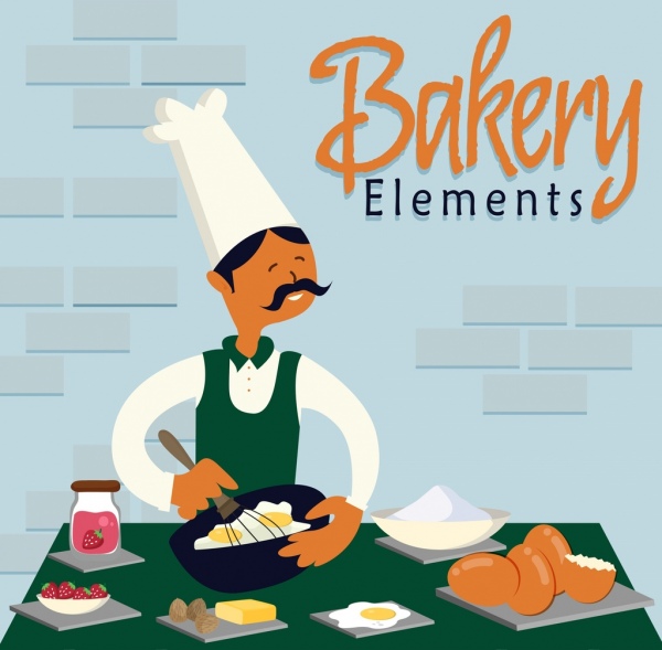 Bäckerei Job Banner Kochen Zutaten Symbole farbige cartoon