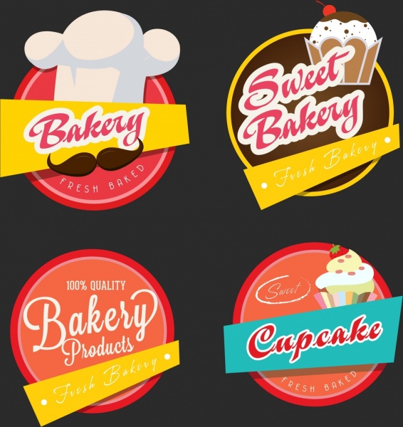 베이커리 logotypes 다채로운 원 디자인 케이크 텍스트 장식