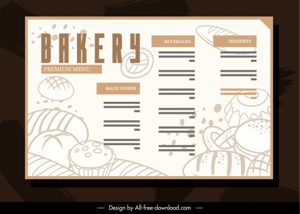 modelo menu padaria brilhante retrô esboço desenhado à mão