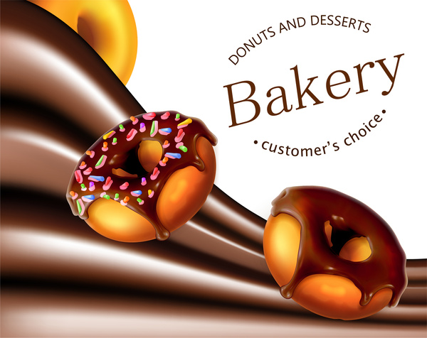 conception de promotion de boulangerie avec des beignets et une illustration de chocolat