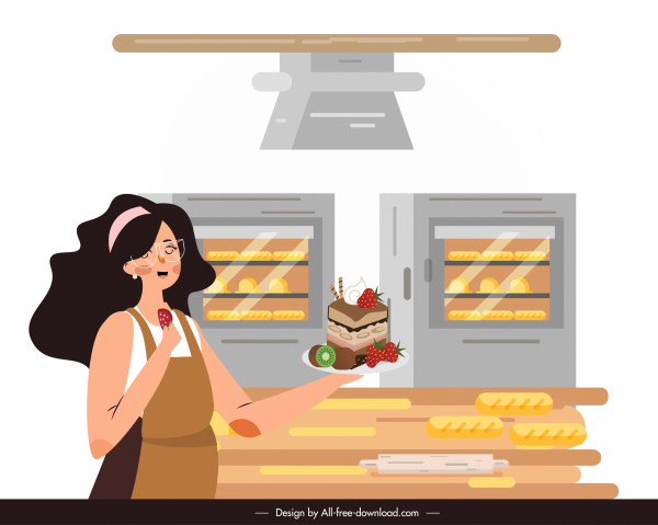 Bäckerei Arbeit Hintergrund Dame kochen Kuchen-Icons