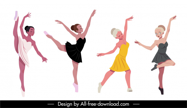 ballerina ícones dinâmico desenho animado esboço personagens