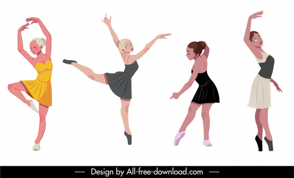 ikon penari balet gadis-gadis cantik sketsa kartun dyanmic