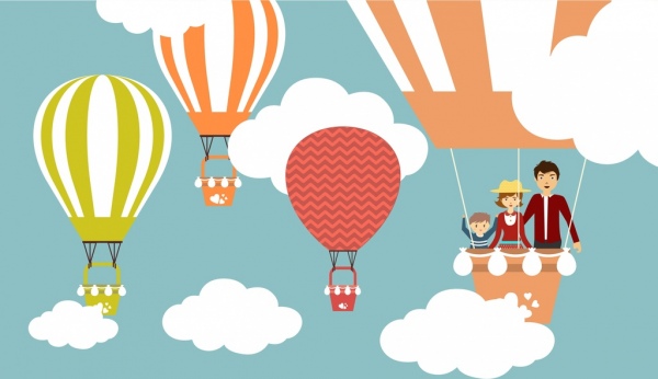 風船背景のカラフルな漫画スタイル家族旅行デザイン