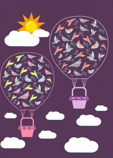 Luftballons Vögel Hintergrund dunkle Design-Cartoon-Stil