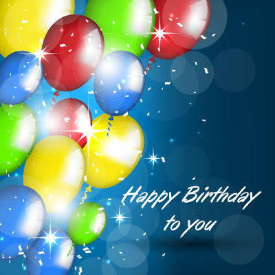 balon dengan kartu ulang tahun bahagia confetti vektor
