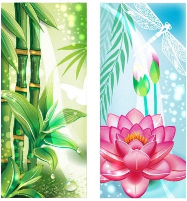 bambú con vectores de banderas de flores