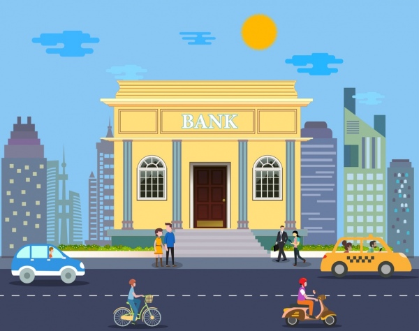 银行外观设计彩色卡通古典风格