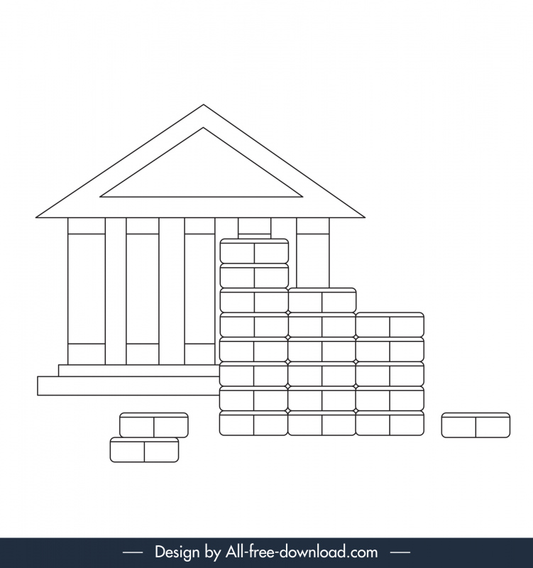 elementos de design de finanças bancárias moedas brancas pretas esboço do edifício