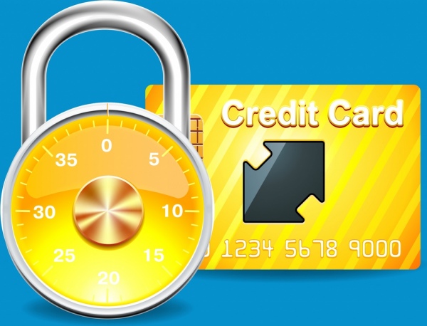 Thẻ tín dụng của ngân hàng bị khóa biểu tượng được thiết kế nguyên tố, màu vàng.