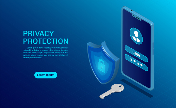 バナー保護データとモバイルプライバシー保護とセキュリティの機密性は、機密フラットアイソメトリックベクトルのイラストです