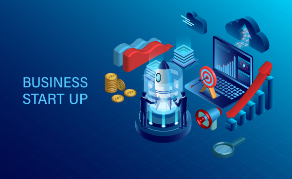banner con business start up concetto di successo business di marketing digitale obiettivo isometrico illustrazione cartone animato