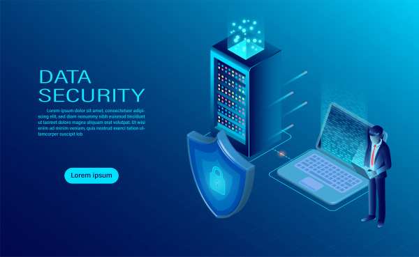 ビジネスマンがコンピュータとサーバーのデータ保護とセキュリティ上のデータと機密性を保護するバナーは、機密フラットアイソメトリックベクトルのイラストです
