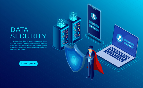bannière avec héros protéger les données et la confidentialité sur la protection des données informatiques et mobiles et la sécurité sont confidentiel