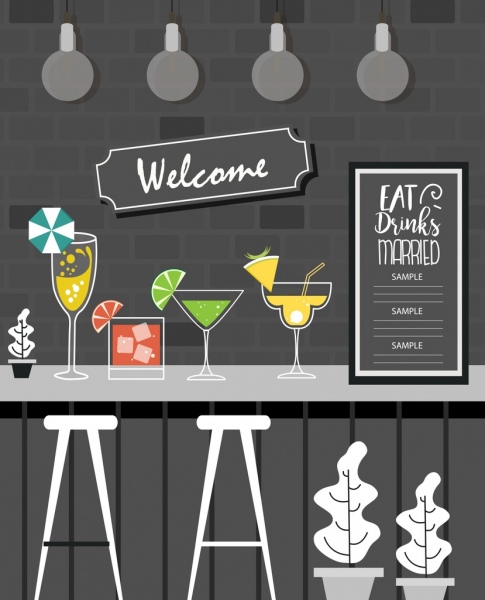 barre d’icônes de verres à vin cocktail décor toile de fond gris