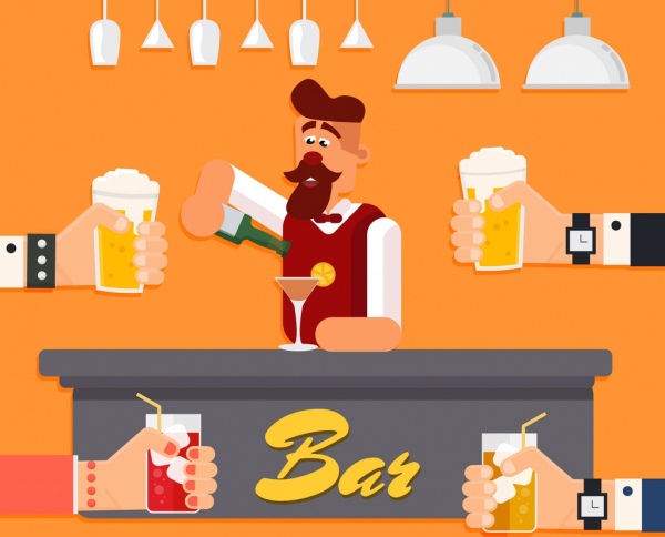 Bar bartender latar belakang bersorak-sorai tangan ikon berwarna kartun