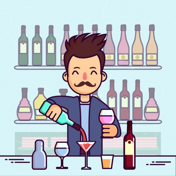 pasek tła barman wina szklane butelki ikony