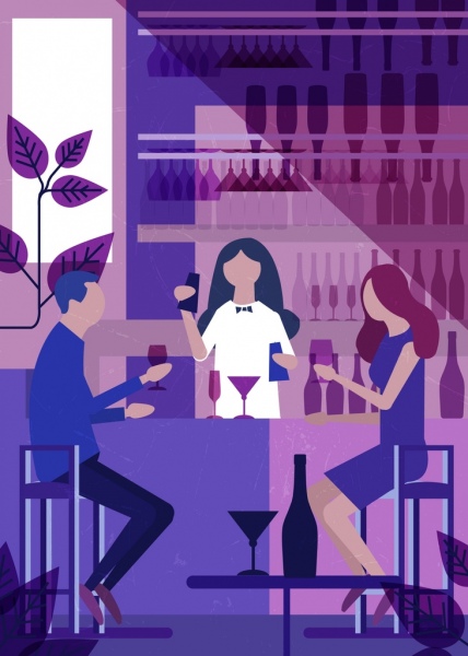 icônes de fond violet design commentaires serveuse de bar